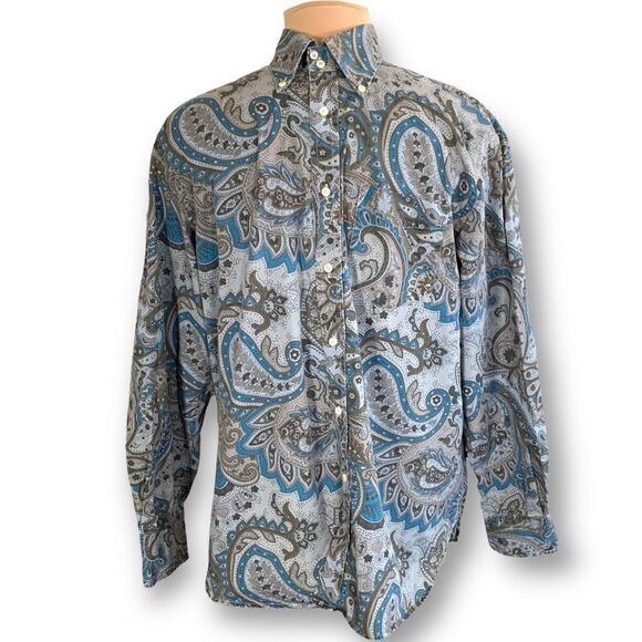Vintage Y2K Hilfiger Shirt Blue Paisley Print Button Down Long Sleeve Cotton - Picture 1 of 13